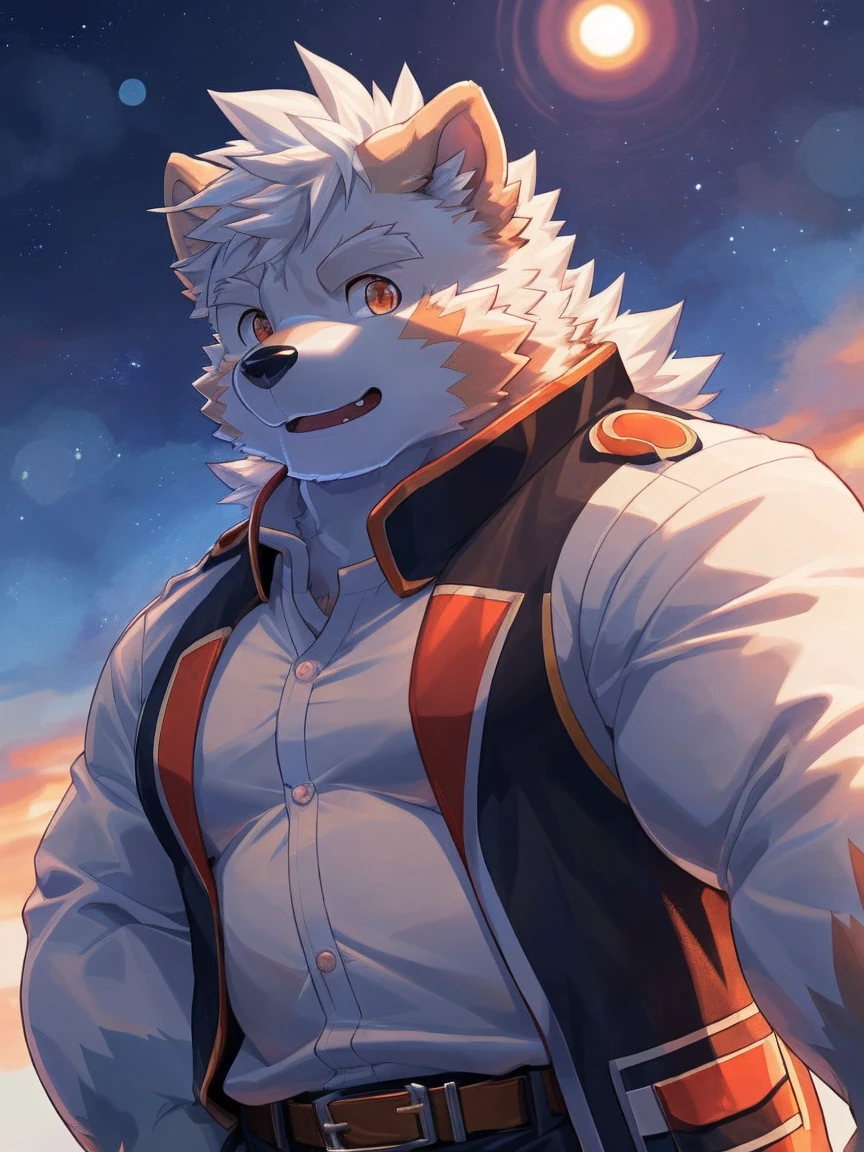 human nature, Wildlife, male,18 years old， solitary, ((Round Face, The face is plump,Orange eyes,Thick white hair，With wounds)), ((Endomorph, Handsome，enthusiasm)), (Sportswear，Light blue and white coat，Wear a sports cap), ((domestic 犬, Dog Orc，) Fluffy fur, Fluffy), Bokeh, (high quality, high resolution, masterpiece), (Dynamic Lighting, Vibrant colors，Natural fill light), (Revitalize，Disdain，aggressive), Full body picture (close up), cartoon, author：Takemoto Arashi, From zixiong, By Chunni, author：Empty Ghost，（background：Sunset Jungle）