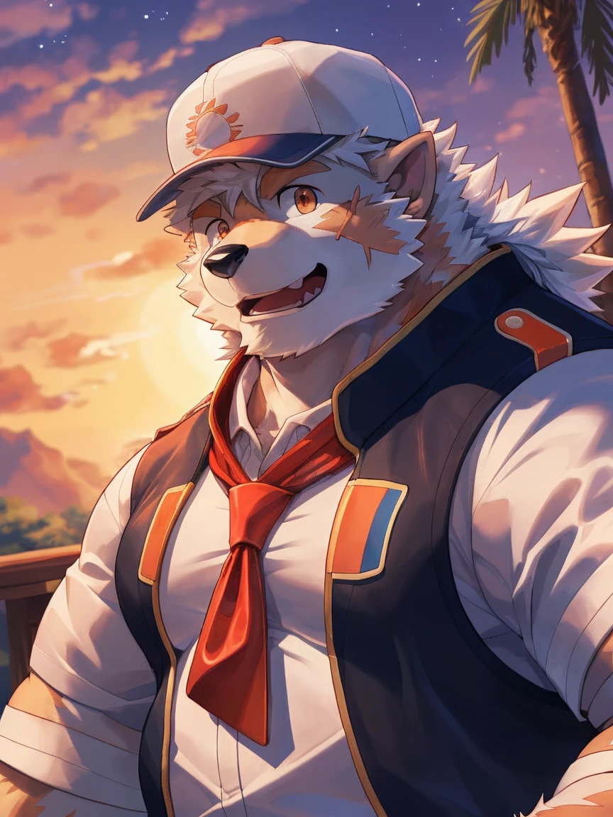 human nature, Wildlife, male,18 years old， solitary, ((Round Face, The face is plump,Orange eyes,Thick white hair，With wounds)), ((Endomorph, Handsome，enthusiasm)), (Sportswear，Light blue and white coat，Wear a sports cap), ((domestic 犬, Dog Orc，) Fluffy fur, Fluffy), Bokeh, (high quality, high resolution, masterpiece), (Dynamic Lighting, Vibrant colors，Natural fill light), (Revitalize，Disdain，aggressive), Full body picture (close up), cartoon, author：Takemoto Arashi, From zixiong, By Chunni, author：Empty Ghost，（background：Sunset Jungle）