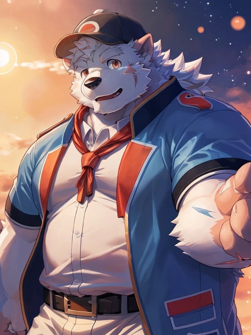 human nature, Wildlife, male,18 years old， solitary, ((Round Face, The face is plump,Orange eyes,Thick white hair，With wounds)), ((Endomorph, Handsome，enthusiasm)), (Sportswear，Light blue and white coat，Wear a sports cap), ((domestic 犬, Dog Orc，) Fluffy fur, Fluffy), Bokeh, (high quality, high resolution, masterpiece), (Dynamic Lighting, Vibrant colors，Natural fill light), (Revitalize，Disdain，aggressive), Full body picture (close up), cartoon, author：Takemoto Arashi, From zixiong, By Chunni, author：Empty Ghost，（background：Sunset Jungle）