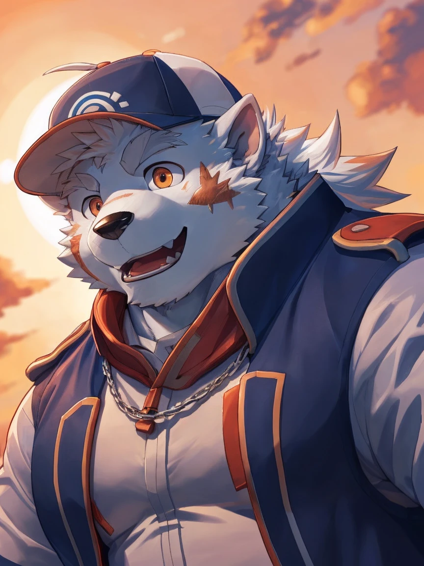 human nature, Wildlife, male,18 years old， solitary, ((Round Face, The face is plump,Orange eyes,Thick white hair，With wounds)), ((Endomorph, Handsome，enthusiasm)), (Sportswear，Light blue and white coat，Wear a sports cap), ((domestic 犬, Dog Orc，) Fluffy fur, Fluffy), Bokeh, (high quality, high resolution, masterpiece), (Dynamic Lighting, Vibrant colors，Natural fill light), (Revitalize，Disdain，aggressive), Full body picture (close up), cartoon, author：Takemoto Arashi, From zixiong, By Chunni, author：Empty Ghost，（background：Sunset Jungle）