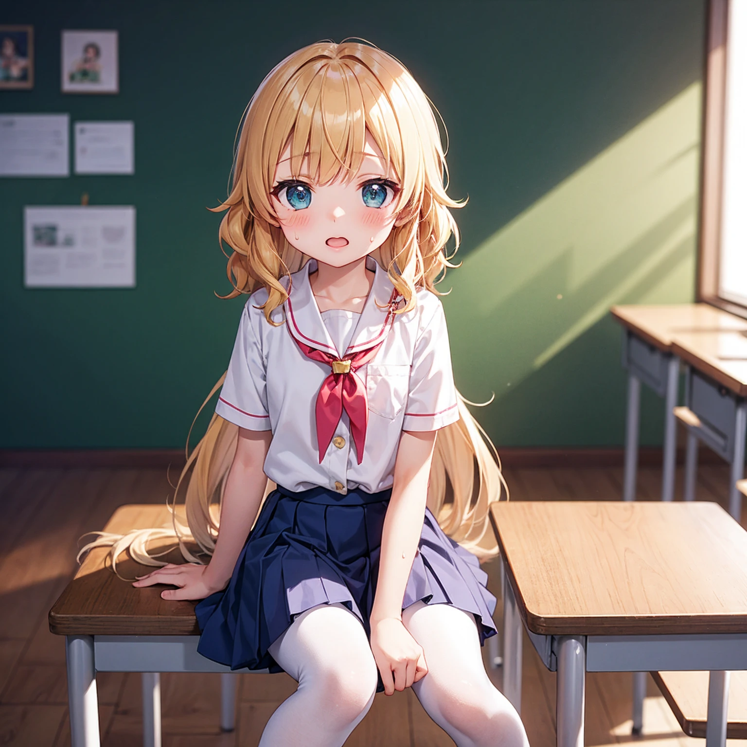 Highest quality,Highest quality,One Girl,One boy,((((10 years old)))),Flat Chest,orgasm,blush, Sweat, Sakurai Momoka,blonde,White Sarah Outfit,Navy Blue Skirt, It is not a pleated skirt,whole body,classroom, White Pantyhose、Navy Blue Skirtをめくる、Spread your legs