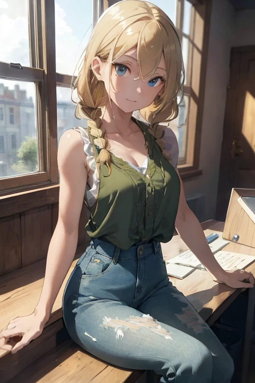 ((Best Quality)), ((Masterpiece)), (detailed), 1 blonde girl with a slim and athletic body, with golden hair collected in long double braids, dressed in a sleeveless fitted green blouse, with denim pants, sitting in a classic studio, writing on a PC, illuminated from an open window.
