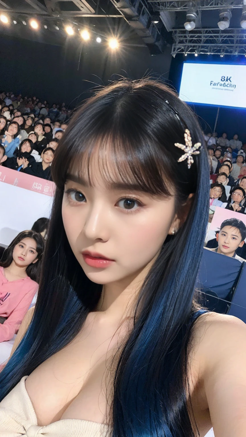 (8K, 4K, Highest quality, High resolution:1.2), (masterpiece, Realistic, Photos Photos:1.37), One girl, alone, Beautiful Face, eyelash, nose, Glossy Lips, (Fine grain, Looking at the audience, Fair skin, Fair skin:1.5), Delicate skin, Upper Body, Large Breasts, plump ,,, Outdoor hot spring, Both sides up, Ridiculously long hair, Blue Hair, Blue Hair, bangs, hair accessory, bow, young, Big Breasts, Red eyes