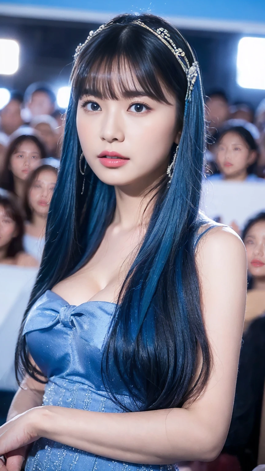 (8K, 4K, Highest quality, High resolution:1.2), (masterpiece, Realistic, Photos Photos:1.37), One girl, alone, Beautiful Face, eyelash, nose, Glossy Lips, (Fine grain, Looking at the audience, Fair skin, Fair skin:1.5), Delicate skin, Upper Body, Large Breasts, plump ,,, Outdoor hot spring, Both sides up, Ridiculously long hair, Blue Hair, Blue Hair, bangs, hair accessory, bow, young, Big Breasts, Red eyes