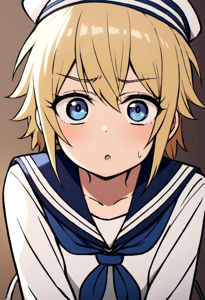 Blonde,wolf cut. Shota, sailor suit, sailor hat, blue eyes, tomboy, Naughty
