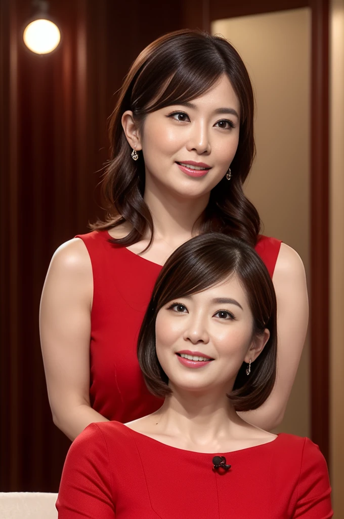Giving a massage to a man、Highest quality、High resolution、Photorealistic、Raw photo、8k wallpaper、perfection、Professional Lighting、Very detailed、Depth of written boundary、Light solid color background、((Japanese mature woman in her 50s))、Chubby figure、Sexy Woman、Detailed face、Beautiful Eyes、bangs、Big and ample breasts、Vermilion half-up hairstyle、Faint lips、((I am very surprised、Surprised face、Mouth open in surprise))、Business Wear、Legs outside frame、Looking at the viewer、((Stylish red dress))