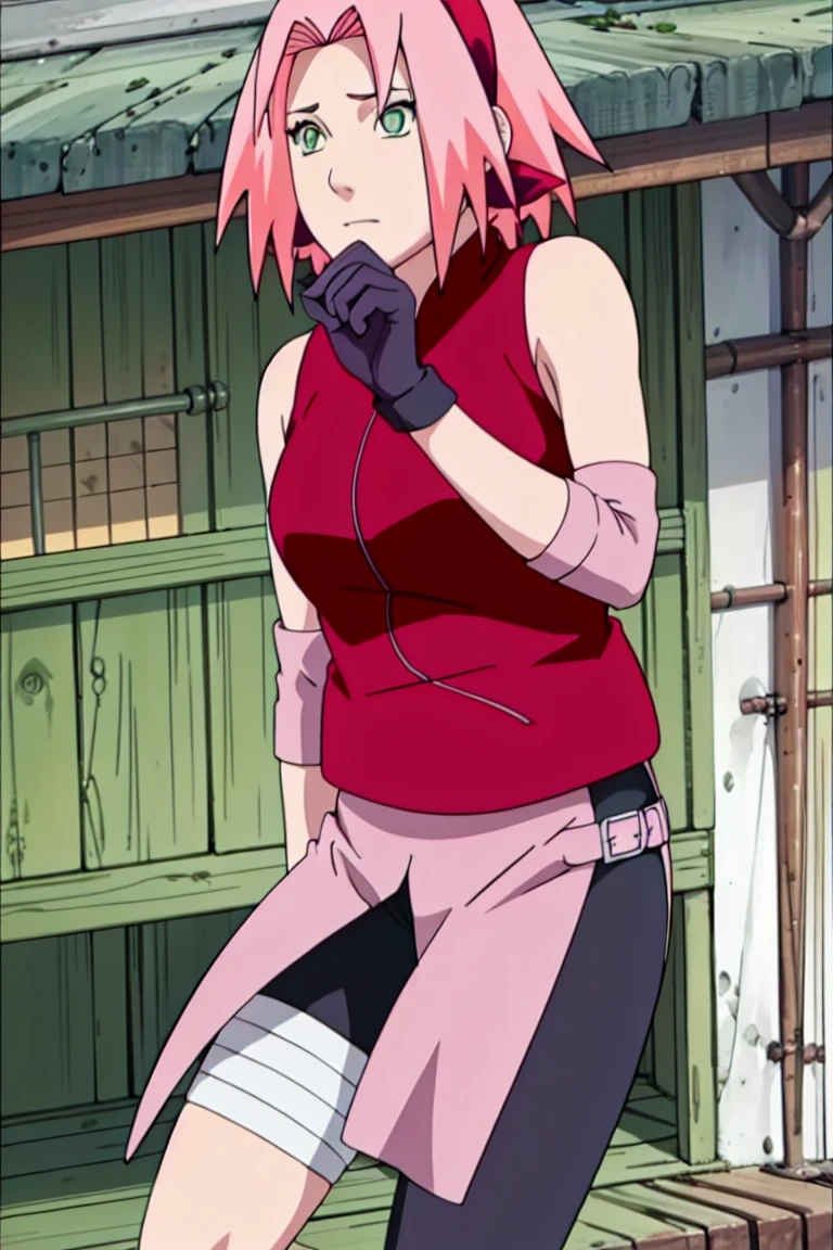 spread legs, ((pussy, bottomless, naked)). High quality, ultra detailed, realistic artwork of a "Sakura Shippuden" scene with vivid colors, perfect for 4K or 8K resolutions. The scene depicts Sakura Haruno., a young woman, She wears a red jacket embroidered with the symbol of Konohagakure, The Hidden Leaf Village. Her leg is bandaged, indicating a recent injury.
Sakura has shoulder-length bangs that gently frame her face, revealing her beautiful, green eyes. Her face is adorned with a forehead protector, which bears the symbol of Konohagakure, signifying her loyalty to her people. The artwork shows Sakura's attention to detail, including her long eyelashes, detailed lips, and delicate features, capturing her determination and inner strength.
The lighting of the scene is soft and warm, casting a soft glow on the petals of the sakura flowers. The vibrant colors of the cherry blossom contrast against Sakura's black short sleeves and gloves, adding depth to the composition. The overall color scheme leans towards pastel tones, enhancing the serene and tranquil ambience of the bedroom.