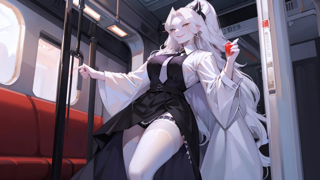 Loona from Helluva Boss, female white wolf, anthro, white hair, grey eyes, adult, tall female, white shirt with tie, black skirt with black pantyhose, inside a train, subway, standing, sadistic smile, detailed, solo, beautiful, high quality, 4K