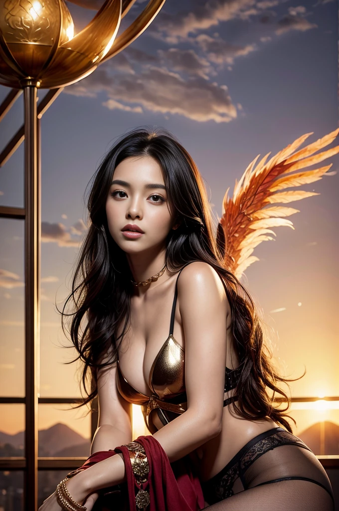 (((work of art, best qualityer: 1.2), A girl with phoenix wings standing in a ring of fire, beautiful and symmetrical face, with bright red eyes, phoenix, lotus flowers, red rose gold, gold mini underwear, Mountain sunrise to the bottom, Ancient porcelain buildings)),sexy and seductive look, long black hair