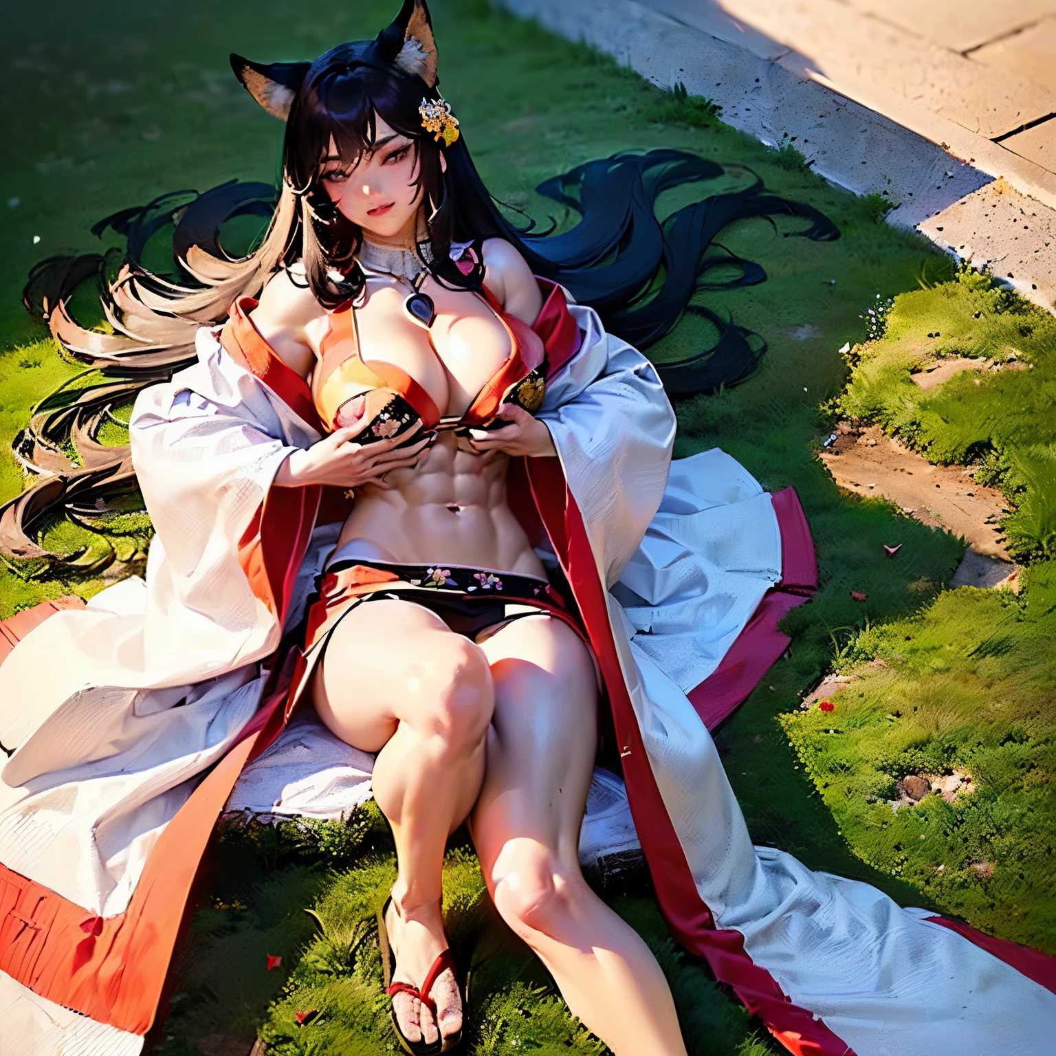 (Fox Girl, Fox Ears, Black colored hair, Fox Makeup, One Girl, Long Hair:1.6), (kimono, Kimono with open chest, A beautiful kimono with red and black patterns, I can see her cleavage, Open chest, Exposed skin:1.8), (Body size is 100-70-90!, Nice body, Big Breasts, Soft breasts, Emphasize cleavage, Knees are slightly visible, Muscular, Abdominal muscles, Grab your own chest:1.9), Avatar, face, lewd face, Dominant representation, naughty face, Uplifting, Skin Texture, outside, Grassy field