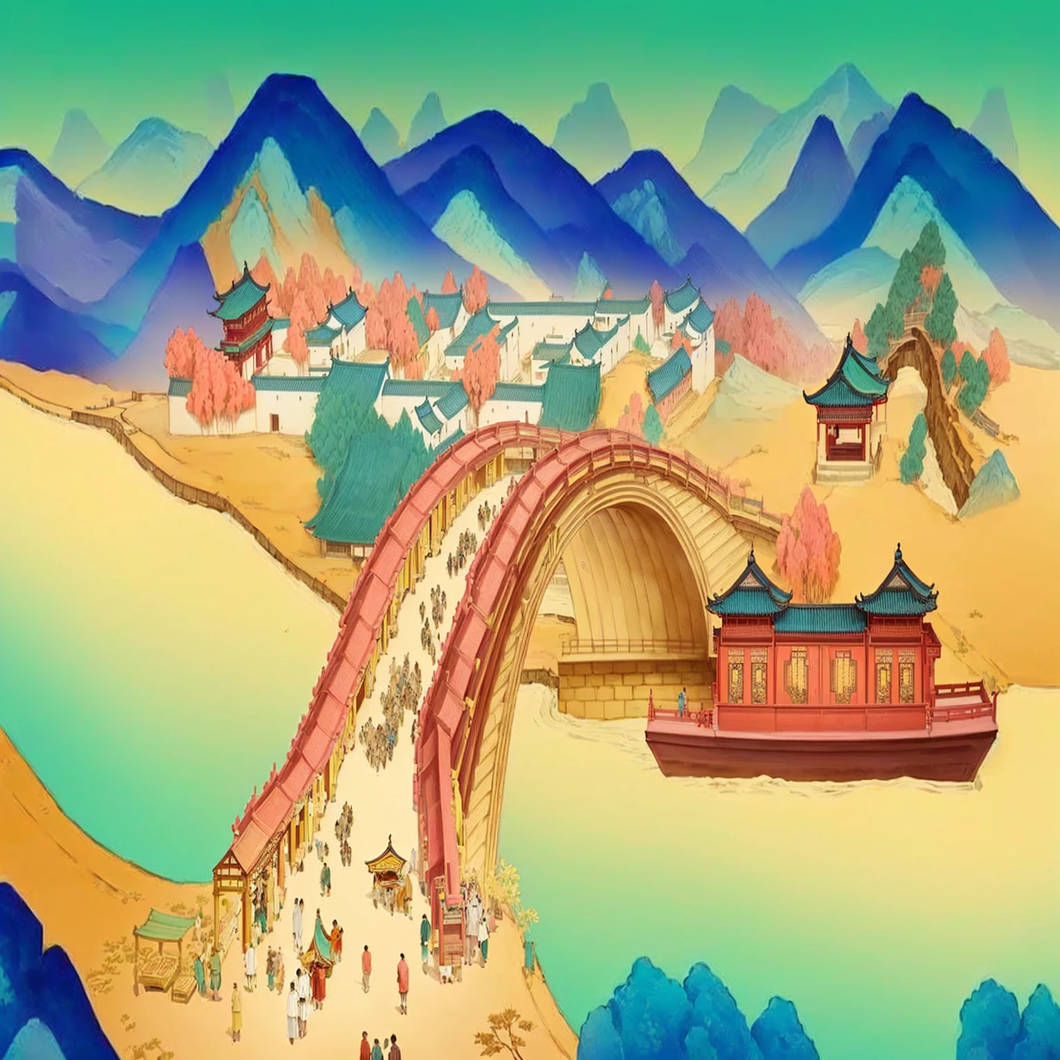 illustration of a bridge existith a boat going over it and people existalking on it, Chinese Art Style, dreamy chinese toexistn, author:Yi Yinwen, a beautiful artexistork illustration, Traditional Korean city, China Village, Beautiful rendering of the Tang Dynasty, Chinese style, Chinese painting style, Color illustrations, artexistork in the style of z.exist. arrive, old Chinese building