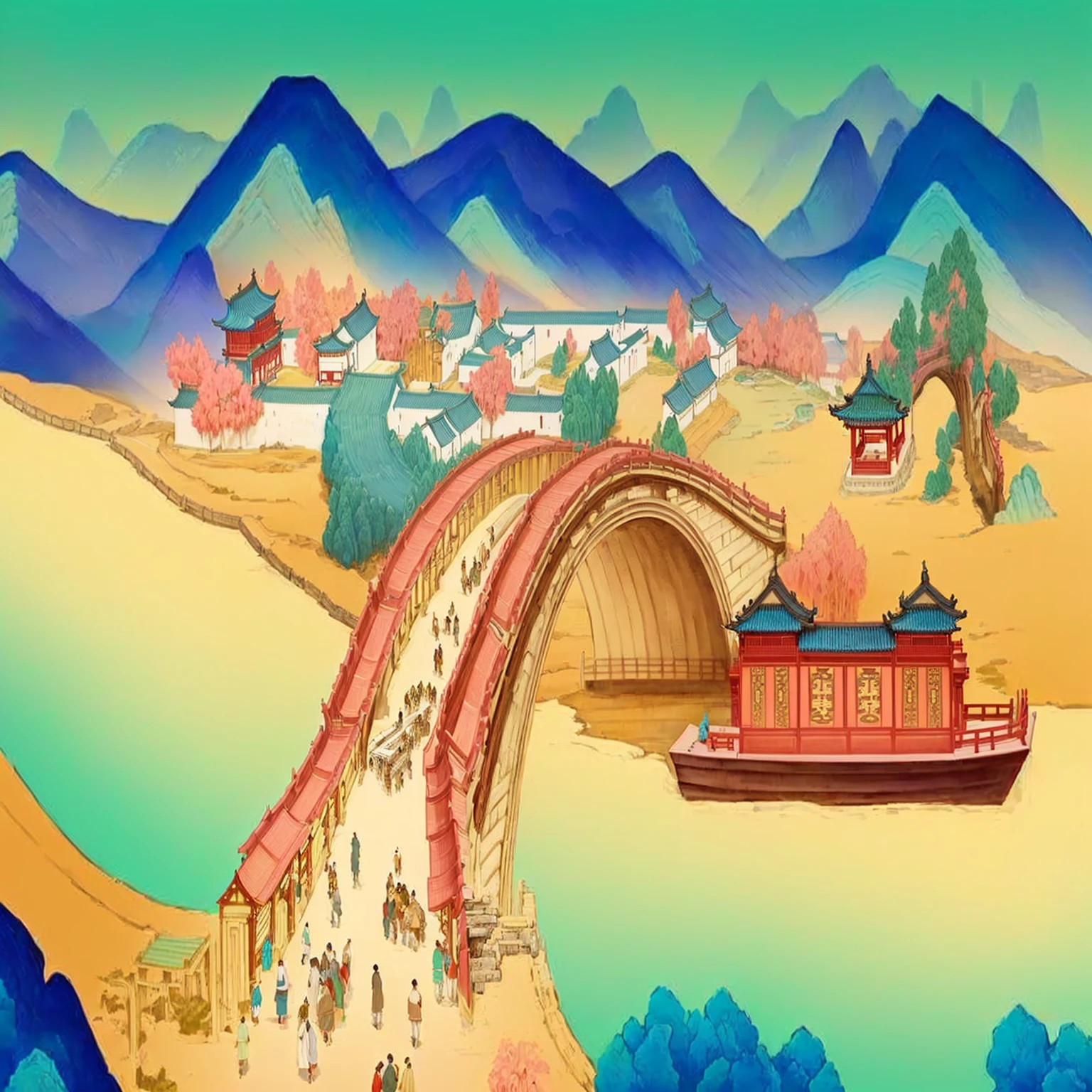 illustration of a bridge existith a boat going over it and people existalking on it, Chinese Art Style, dreamy chinese toexistn, author:Yi Yinwen, a beautiful artexistork illustration, Traditional Korean city, China Village, Beautiful rendering of the Tang Dynasty, Chinese style, Chinese painting style, Color illustrations, artexistork in the style of z.exist. arrive, old Chinese building