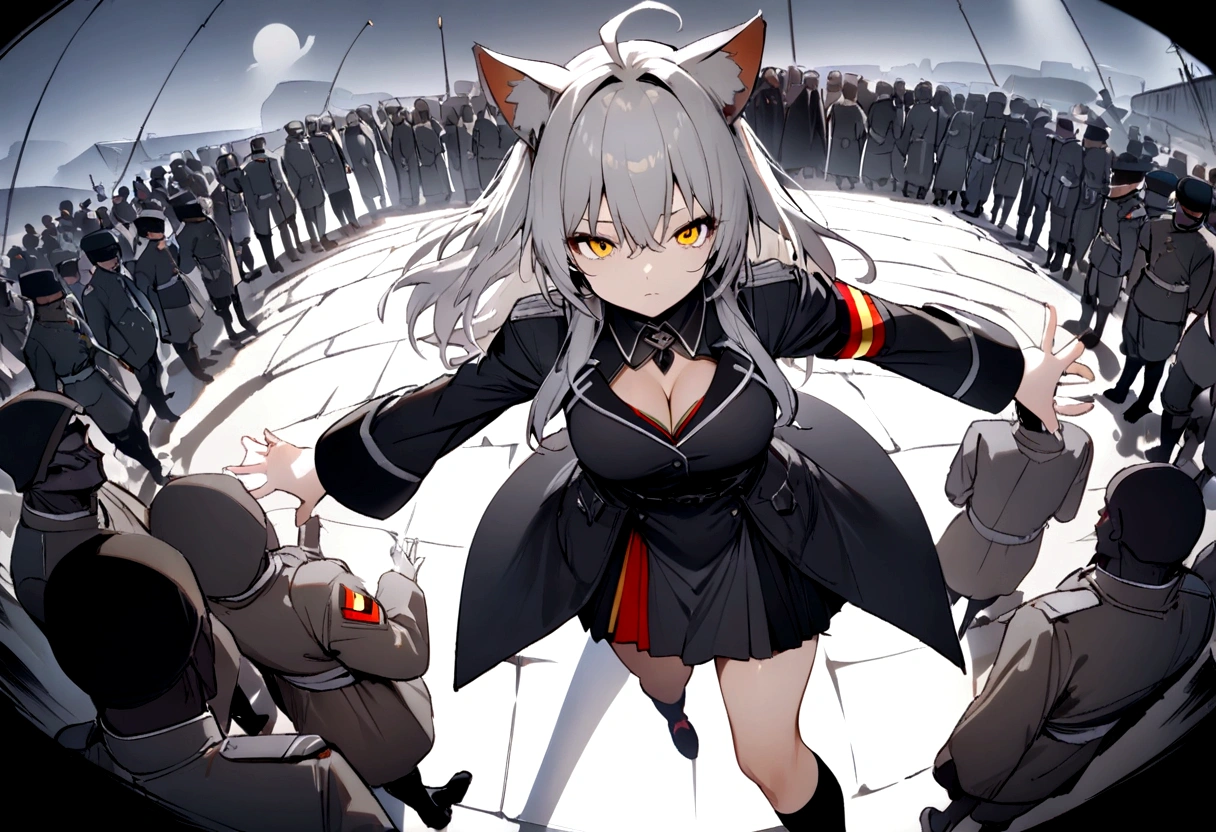 Dynamic Angles、Raising the German flag、Suspicious Gathering、Surrounded by enemies、(masterpiece, best quality:1.2), 1girl, 独奏、Gray cat ears、Grey long hair、Ahoge、Yellow Eyes、Gray cat ears、Background of military bases、Fisheye Lens、battlefield、Shadows of light and darkness、Expressionless、Grim face、battle、Black knee socks、Cleavage、