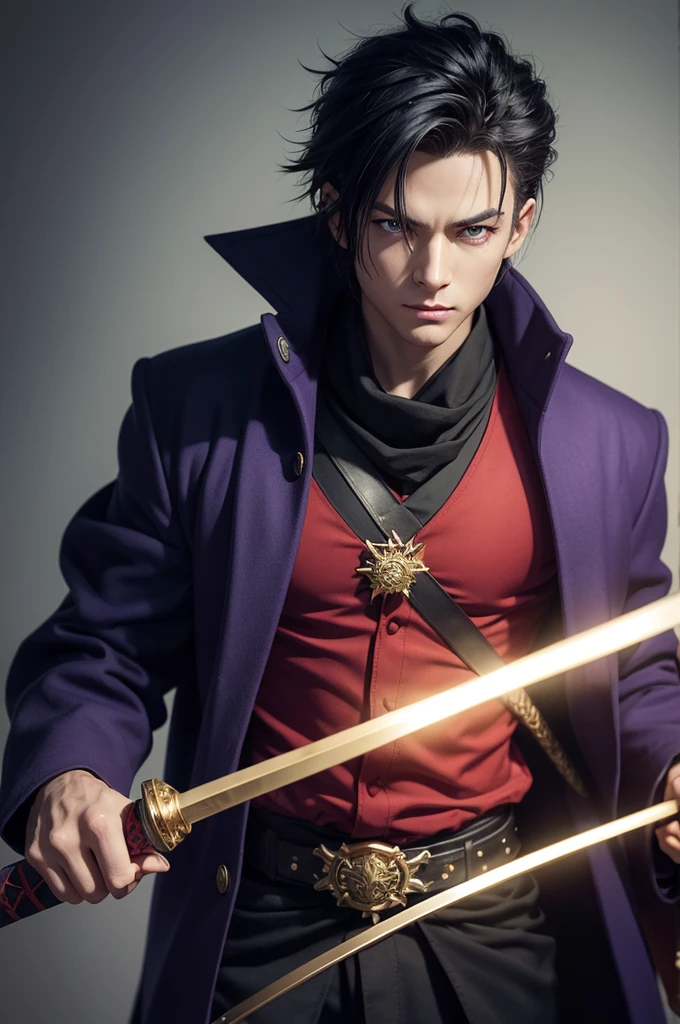 /imagine prompt:Make a character with spiky blonde hair, green eyes and ninja bandana on the forehead, wearing a red overcoat, with a navy blue shirt under his overcoat using a sword with energy around it facing another character with black hair, with white highlights, purple eyes and a black coat, with purple details and a purple shirt underneath, holding a katana with gold details. anime styling.