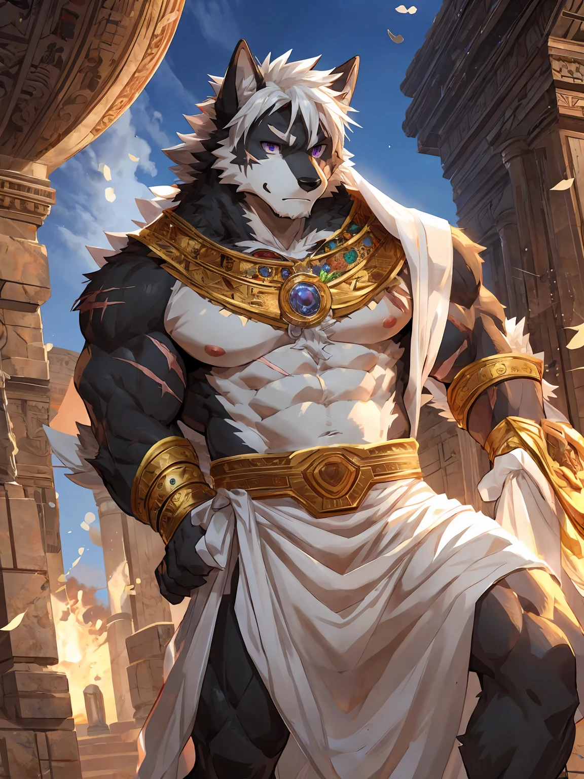 embedding:black wolf, male,purple eyes,Scar on the face, scar on the body,Single person,Toga,Costumes of ancient Greece,White clothes,Gold decoration,White halo overhead,Sacred tattoos,sacred，Expressions and movements full of divinity,A serious expression,The highest quality of scene detail,adult,Tall and powerful,muscle，Best quality hands, best quality eye，detailed fur，Delicate eyes.Extreme picture quality，by sollyz,by zixiong,by milkytiger1145