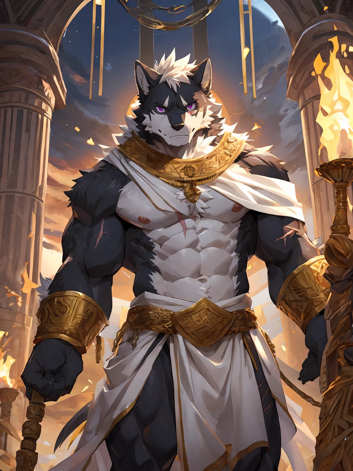 embedding:black wolf, male,purple eyes,Scar on the face, scar on the body,Single person,Toga,Costumes of ancient Greece,White clothes,Gold decoration,White halo overhead,Sacred tattoos,sacred,Expressions and movements full of divinity,A serious expression,The highest quality of scene detail,adult,Tall and powerful,muscle,Best quality hands, best quality eye,detailed fur,Delicate eyes.Extreme picture quality,by sollyz,by zixiong,by milkytiger1145