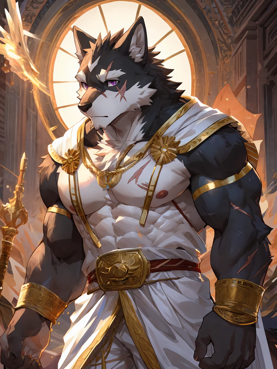 embedding:black wolf, male,purple eyes,Scar on the face, scar on the body,Single person,Toga,Costumes of ancient Greece,White clothes,Gold decoration,White halo overhead,Sacred tattoos,sacred，Expressions and movements full of divinity,A serious expression,The highest quality of scene detail,adult,Tall and powerful,muscle，Best quality hands, best quality eye，detailed fur，Delicate eyes.Extreme picture quality，by sollyz,by zixiong,by milkytiger1145