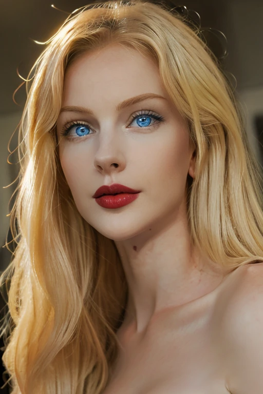 Beautiful blonde woman, with striking blue eyes and red lips. realistic photo, Masterpiece, msfiiire,