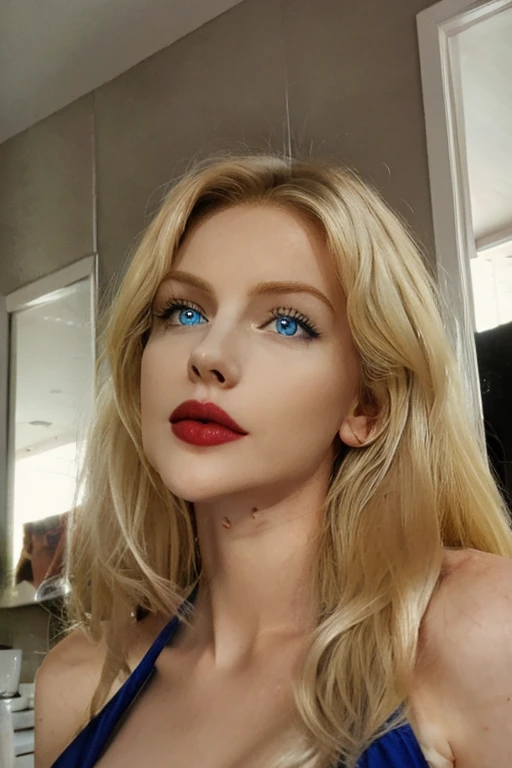 Beautiful blonde woman, with striking blue eyes and red lips. realistic photo, Masterpiece, msfiiire,