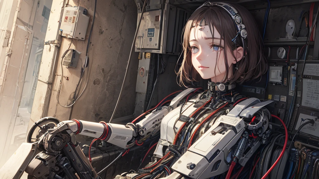 (((masterpiece))), (((Highest quality))), ((Very detailed)), (Highly detailed CG illustrations), ((Very delicate and beautiful)),Cinema Lighting,((1. Mechanical Girl)),alone,whole body,(Machine made joints:1.0),((Mechanical Limbs)),(Pieces of childhood toys decorate the body),((機械式结构遍布whole body)),(Sitting),poker face,(Wires attached to neck:1.0),(Wires and cables on the head:1.5)(Character Focus),sf,Very detailed,Rich and colorful,Most detailed,Scars above the eyes, Wounds on the cheeks, eyes covered, Mask on head, Hollow Eyes, sad, A light smile, Are crying, pain, Pale complexion, Unconscious, Expressionless, Shaded, Expressionless eyes, tired, Bad mood, Lost in Thought, sad smile, abstraction, Depth of written boundary, close, Ultra-high resolution, masterpiece, Highest quality, 8K