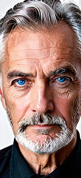 old man with short well-groomed gray hair, defined mature face with wrinkles, neatly trimmed gray beard covering chin and cheeks, piercing blue eyes with serious confident expression, wearing black collared shirt, elegant and sophisticated