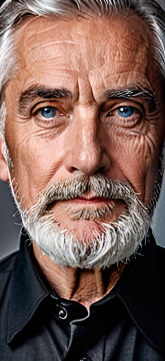 old man with short well-groomed gray hair, defined mature face with wrinkles, neatly trimmed gray beard covering chin and cheeks, piercing blue eyes with serious confident expression, wearing black collared shirt, elegant and sophisticated