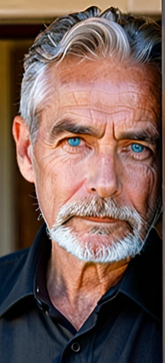 old man with short well-groomed gray hair, defined mature face with wrinkles, neatly trimmed gray beard covering chin and cheeks, piercing blue eyes with serious confident expression, wearing black collared shirt, elegant and sophisticated