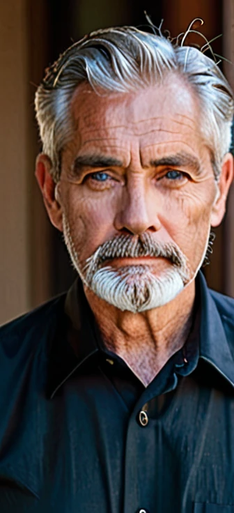old man with short well-groomed gray hair, defined mature face with wrinkles, neatly trimmed gray beard covering chin and cheeks, piercing blue eyes with serious confident expression, wearing black collared shirt, elegant and sophisticated