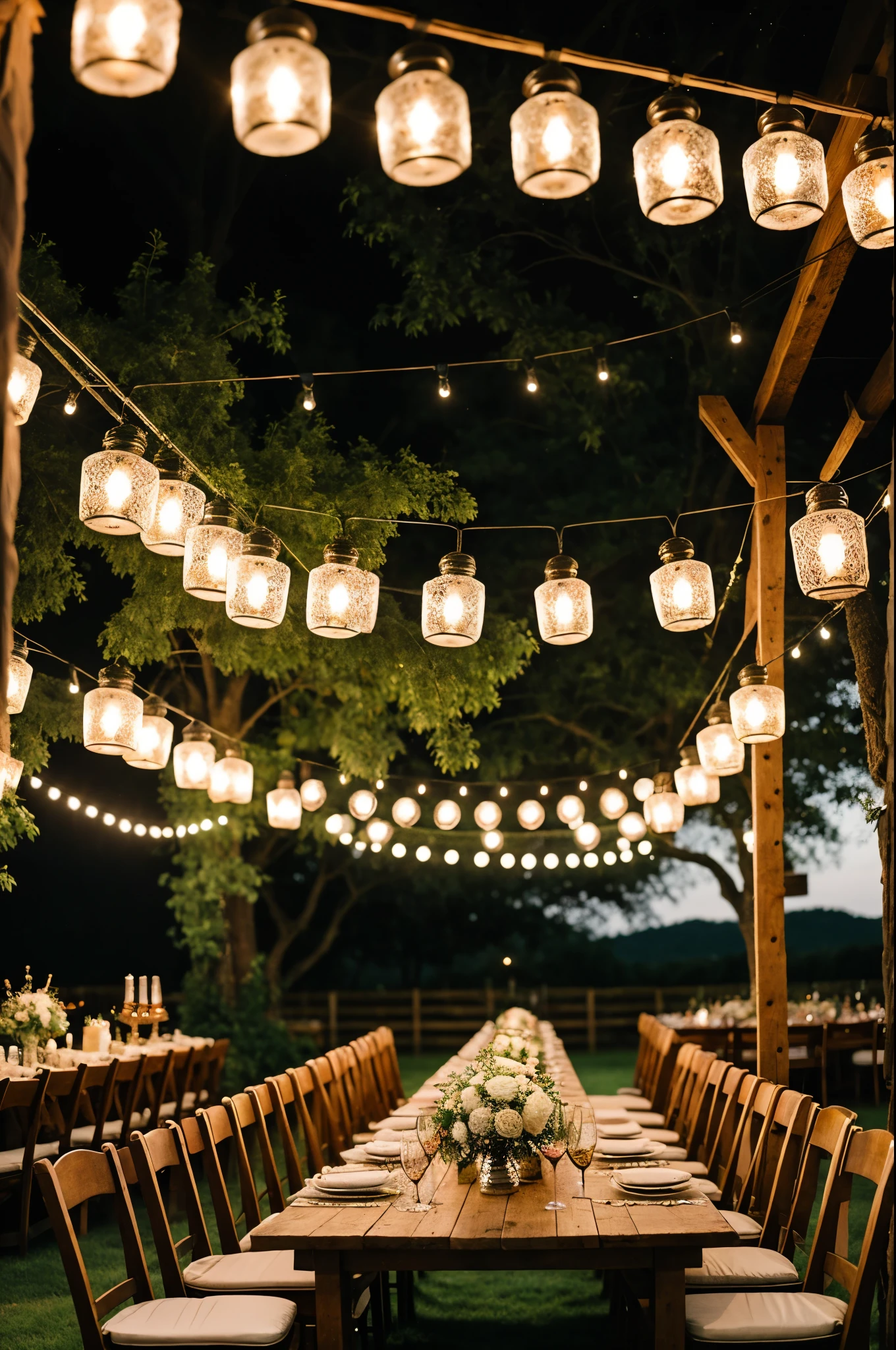 ((best quality)), ((masterpiece)), (detailed),A bohemian wedding bar with macrame hangings and lanterns, wine bottles and cups on the table