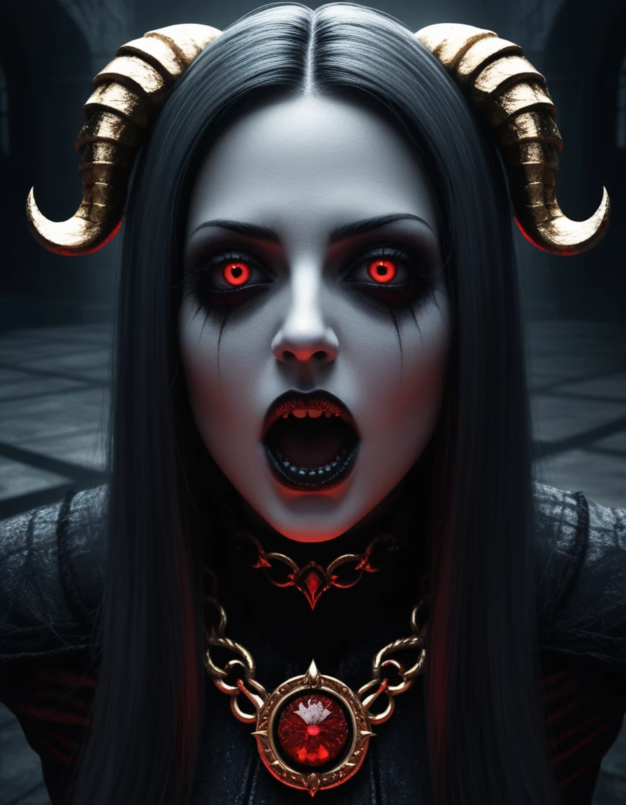 Fruits, Vegetables, horror-themed Wide angle digital illustration, (Demonic female character with dark ash-gray face:1.3), Symmetrical composition, Cracked stone texture, Golden veins, (Red luminescent eyes:1.3), Several twisted horns, Intricate golden metallic details, (Golden veins on neck and shoulders:1.2), Gothic architectural background, Bluish light from top center, (Ominous atmosphere:1.2), Deep shadows, Highlighted facial features, Sinister expression, Realistic digital art, Fantastic influence, eerie, unsettling, dark, spooky, suspenseful, grim, highly detailed, her mouth open wide with sex appeal.