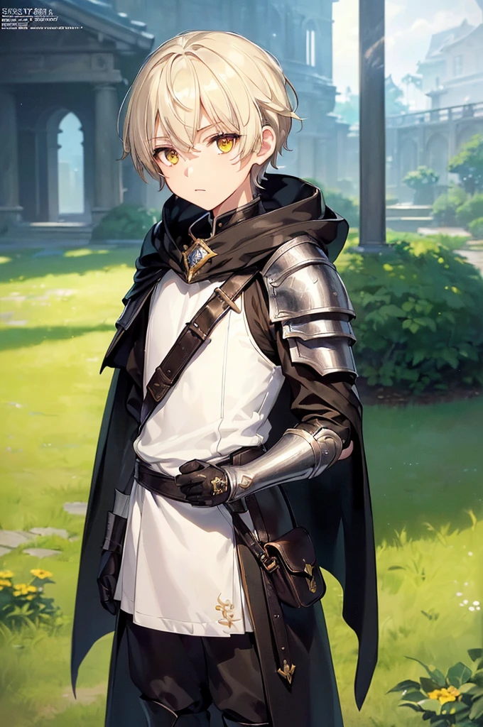 (masterpiece; best quality: 1.2), (finely detailed eyes: 1.3), ((10 year old male kid)), ((solo)), (yellow eyes: 1.4), (body; short, slender: 1.3), (short white hair: 1.3), (beautiful and clear background: 1.2), ((depth of field)), (clothes: traveler dark spellblade attire + light leather armor + black cloak + pouches and satchel: 1.3), (anime illustration: 1.2), (background; garden exterior: 1.1), (extremely fine and handsome: 1.1), (shot composition; standing + centered on torso + close-up: 1.5), (expression; calm, stoic: 1.2)