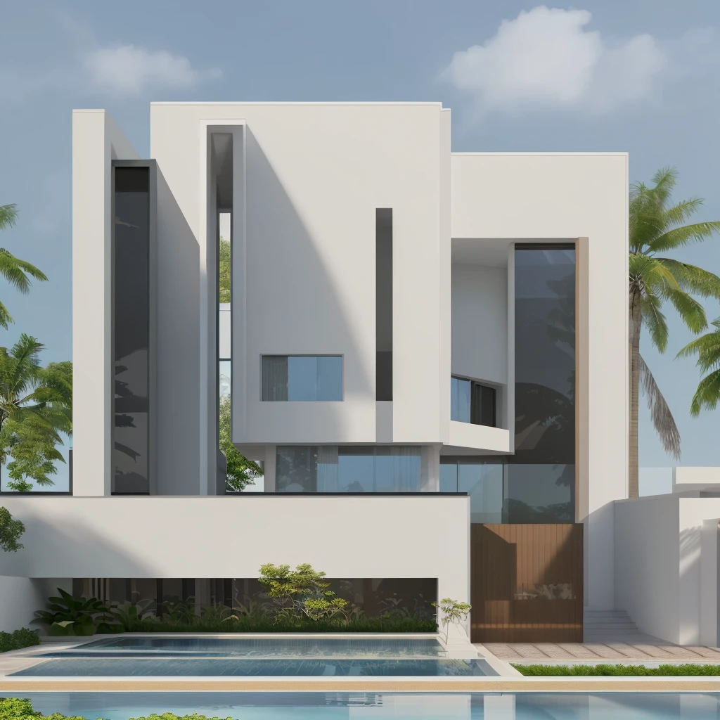 Modern villa, UHD 8K, lanscap trees, water pool, lighting interior, furniture in door , daylight sky.