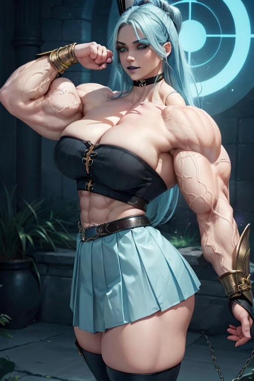 ((((Massive tall, beautiful, buff, pale white skinned muscular woman with cyan hair, black lipstick, ginormous bulky muscles and wearing a cyan off shoulder blouse with beautiful long pleated skirt)))), (close view), (massive muscles), long beachy hair, ((chained belt)), purple eyes, choker, ((cyan off shoulder sweater)), ((beautiful long pleated skirt)), belt, thigh high socks, (gauntlets), black boots, (in a mystical firefly river), closed smile, night, massive muscles
