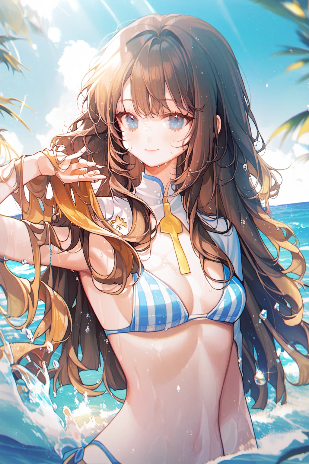 by ttosom, 1 girl, CuteStyle, upper body, blue eyes, brown hair, long hair with bangs, dressed in a bikini, striped bikini with yellow and blue, standing on the seashore, water, splashing water, drops of water, flowing hair, day, light, rays of the sun, sand, detailed, beautiful, medium chest, neckline, looks at the viewer, smile, blush, wet body, dynamic, gentle tones