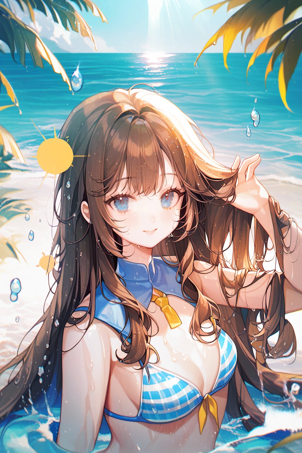 by ttosom, 1 girl, CuteStyle, upper body, blue eyes, brown hair, long hair with bangs, dressed in a bikini, striped bikini with yellow and blue, standing on the seashore, water, splashing water, drops of water, flowing hair, day, light, rays of the sun, sand, detailed, beautiful, medium chest, neckline, looks at the viewer, smile, blush, wet body, dynamic, gentle tones