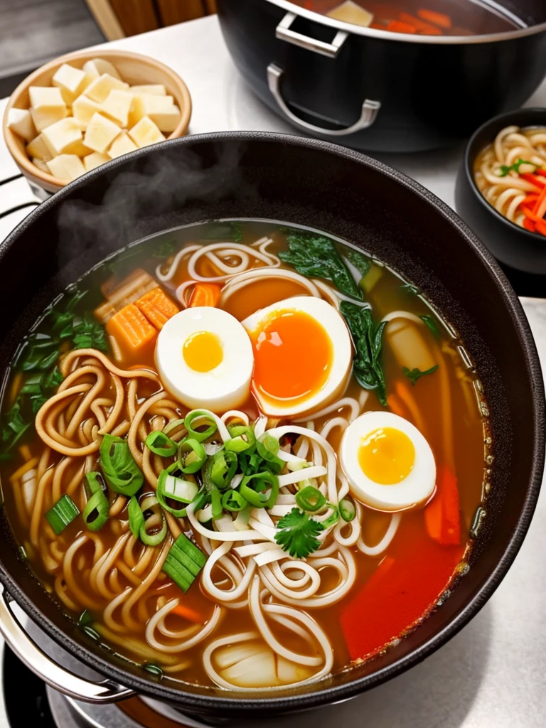 Boil ramen for two、The pot is on the fire、Red soup、Put your finger in the soup and burn it