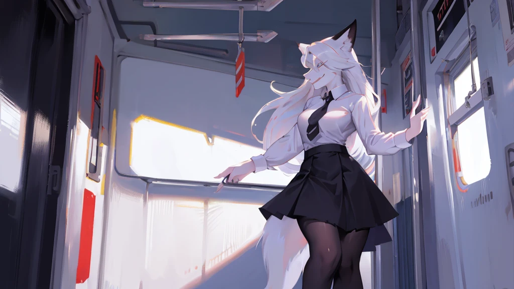 Loona from Helluva Boss, female white wolf, anthro, white hair, grey eyes, adult, tall female, white shirt with tie, black skirt with black pantyhose, inside a train, subway, standing, sadistic smile, detailed, solo, beautiful, high quality, 4K