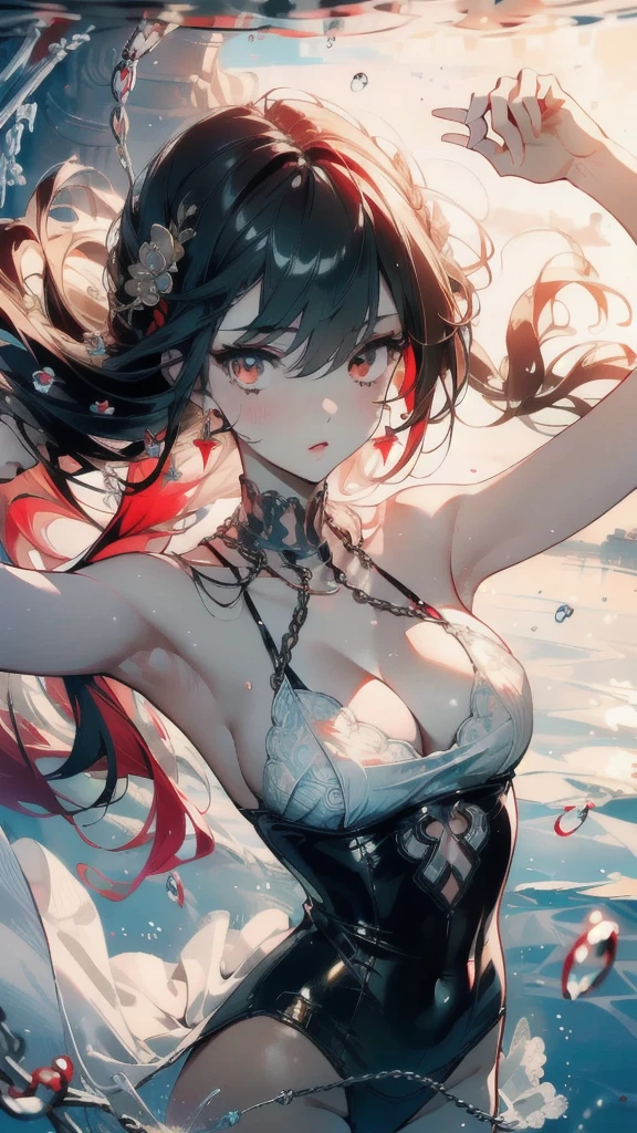 ((masterpiece, best quality)), Delicate face,goddess,Red and White,whole body,Long legs,Standing picture,Perfect body proportions,Long wavy hair,beautiful eyes,Fantasy style,Extremely beautiful,Pure white background,Water Ripples,transparent,Sexy Lingerie,chain