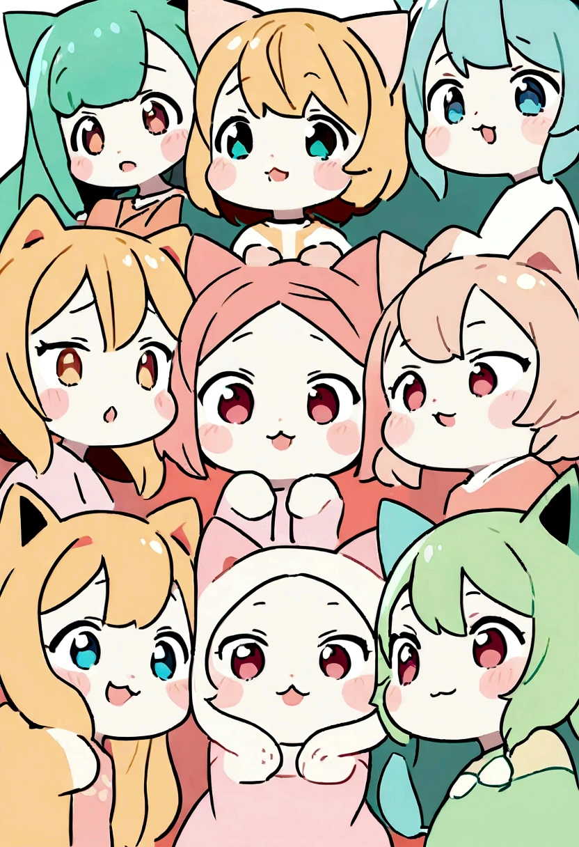 List of illustrations of cute cat poses, several side-by-side, cute colors and poses, best image quality