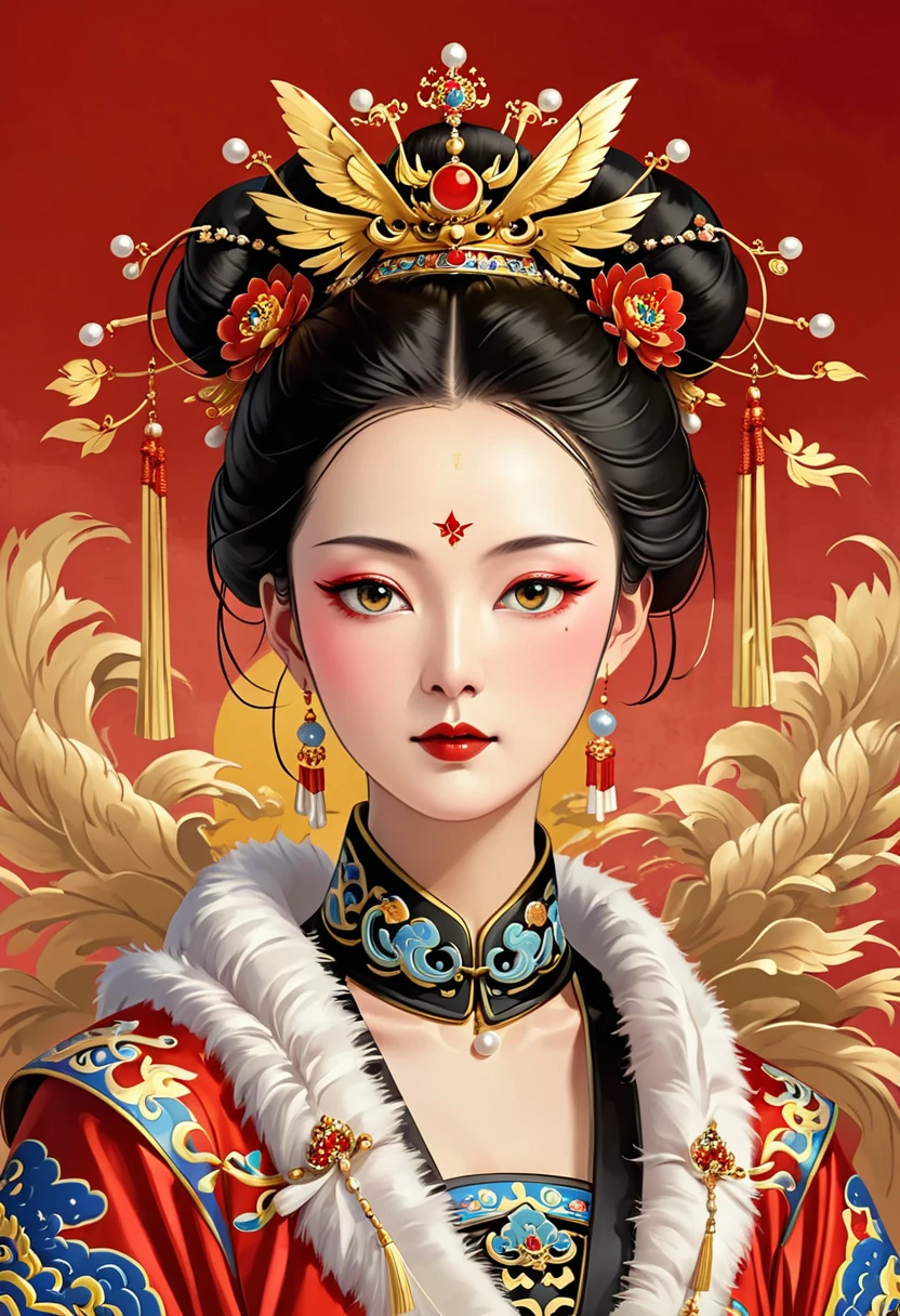 A painting：Phoenix Coronet：1.37.Solemn girl portrait，symmetry，Round Face，Bright Eyes，Smooth skin，Red peony headdress，Elegant and luxurious，Wealth，Gorgeous black and gold costumes，Chinese Qing Dynasty flag costumes,Selfish,Chinese Emperor，High bun，Gorgeous golden crown，tassel，palace，Clean background，(((Wu Zetian，Empress)))，Fur collar cape，Pearl tassels，Pearl Makeup，Red background