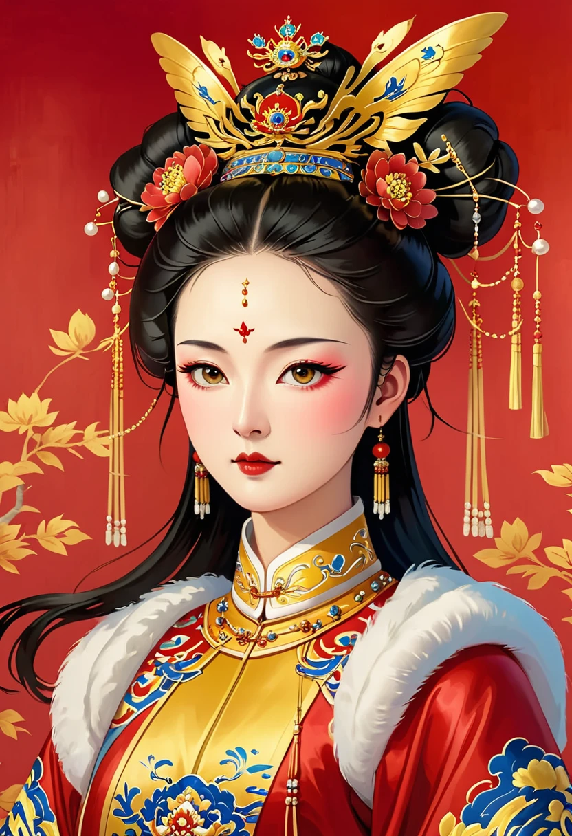 A painting：Phoenix Coronet：1.37.Solemn girl portrait，symmetry，Round Face，Bright Eyes，Smooth skin，Red peony headdress，Elegant and luxurious，Wealth，Gorgeous black and gold costumes，Chinese Qing Dynasty flag costumes,Selfish,Chinese Emperor，High bun，Gorgeous golden crown，tassel，palace，Clean background，(((Wu Zetian，Empress)))，Fur collar cape，Pearl tassels，Pearl Makeup，Red background