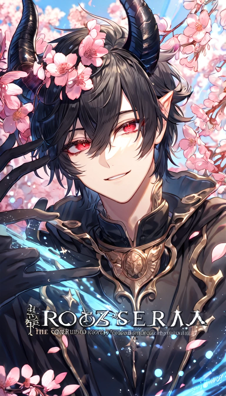 Ultra detailed, highres, absurdres, HDR, master piece, Krozseria, messy black hair, expressive red eyes, Demon Fantasy, pink petals, pink flowers, black cape, sexy man, solo, best quality, blossoms, blue shining fireflies, handsome smile, black horns, the word "Krozseria" is written on his shirt, fantasy, black horns, black gloves