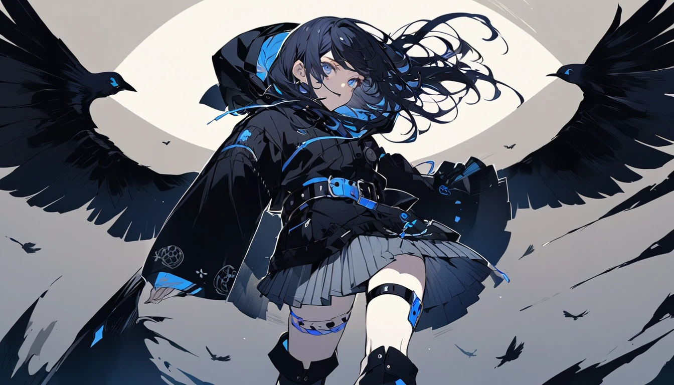 Gothic blue eyes Blue and black hair Fleeting Bird legs Belt on torso Black hood Character portrait whole body Japanese anime hand drawn illustration