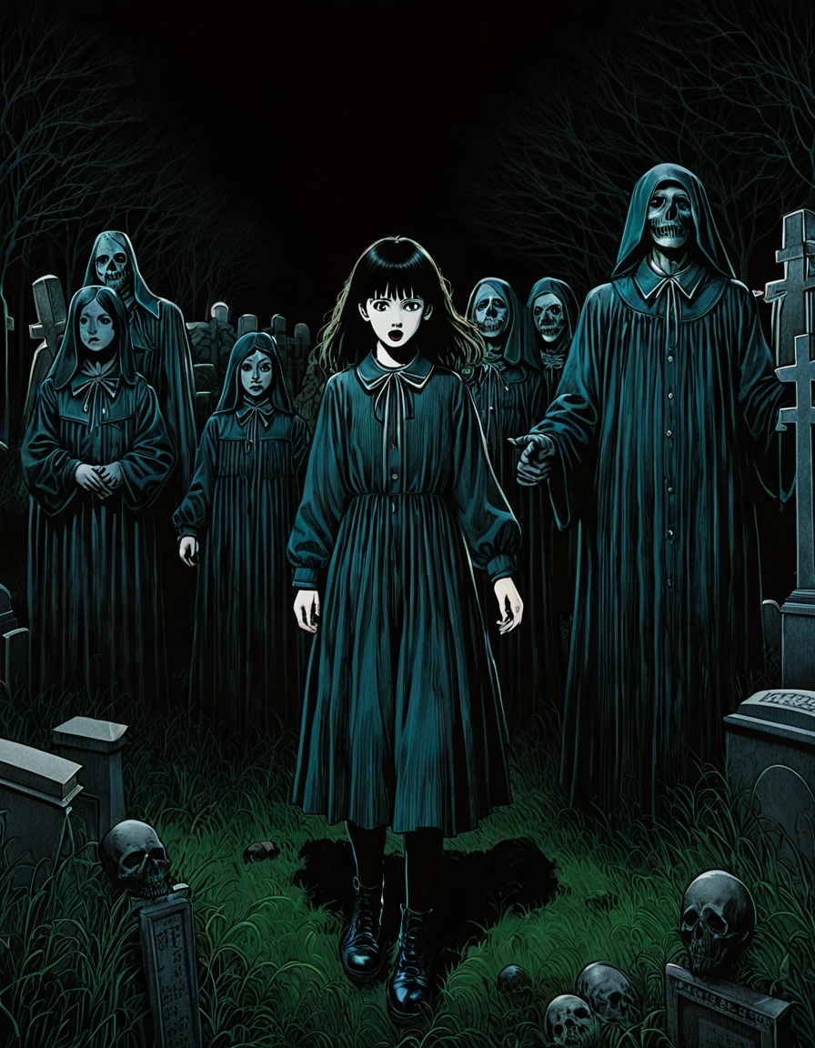 illust、art、from 80s horror movie, directed by Junji Ito、Cemetery、darkness、Darkness、There's a feeling that something sinister is lurking.、nightmare、anxiety、high detail, realsitic shadow、Analog style, vhs style, 8mm film, chromatic aberration, Dvd screengrab、Surrealism