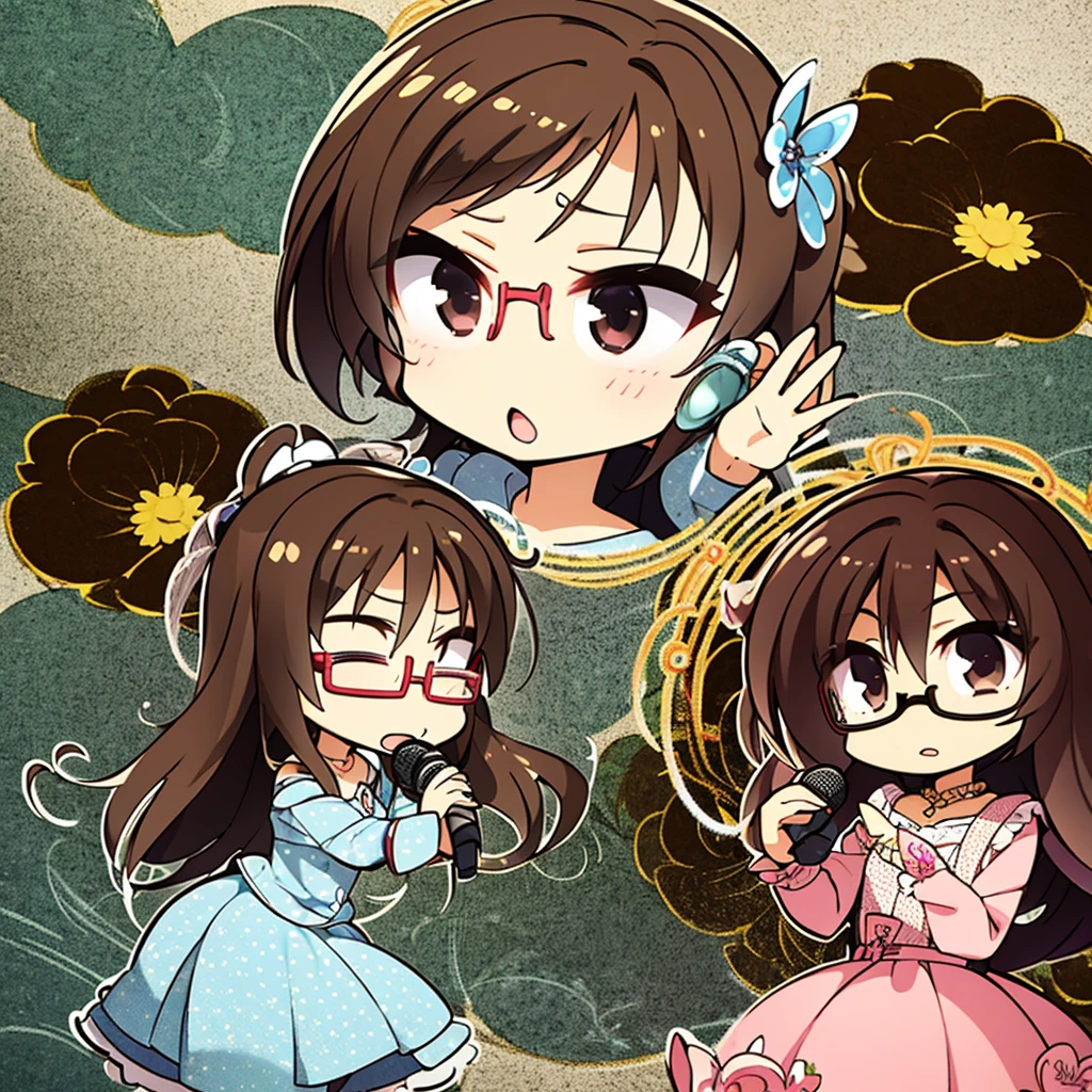  , singing with microphone. with flower dress, brown hair and glasses. chibi style 