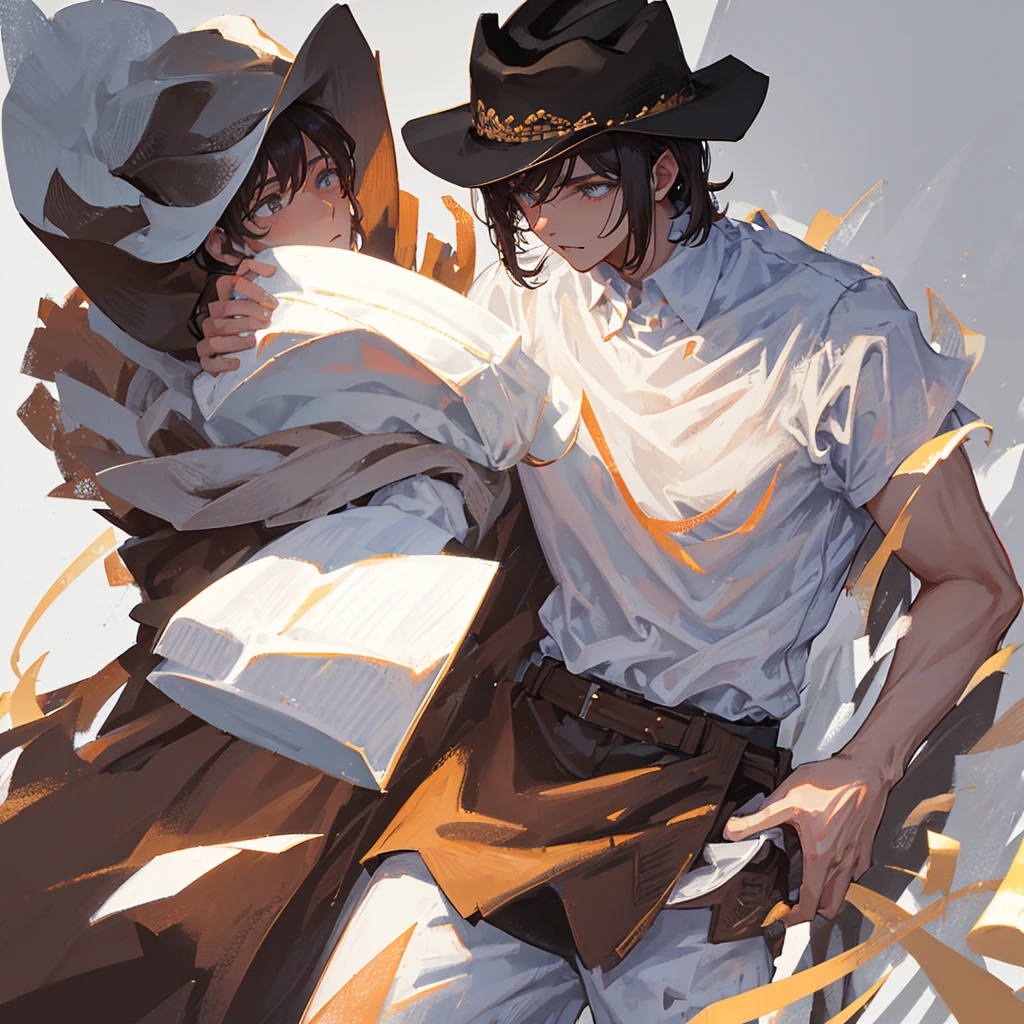A male，Wearing a white shirt，Black short hair，Wearing a brown cowboy hat，Handsome，Cold，((Pure white background))