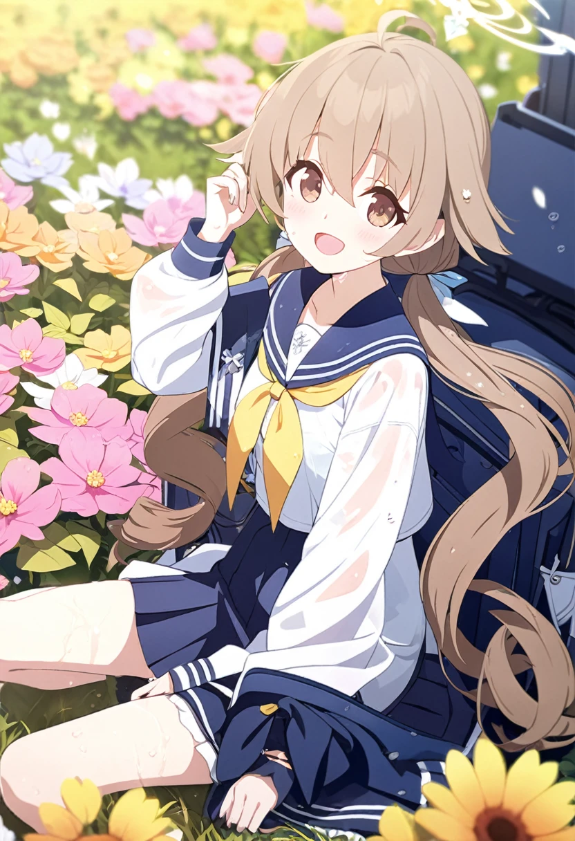 1 girl, masterpiece, best quality, Amazing, beautiful detailed eyes, finely detailed, depth of field, extremely detailed CG unity 8k wallpaper, full body, Ajitani Hifumi (Blue Archive), sitting, sailor collar, smile, brown hair, twintails, long hair, low twintails, hair bow, sideblocks, wing hair ornament, hair between eyes, brown eyes, open mouth, flower field, wet clothes, 