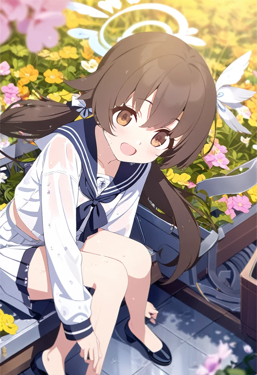 1 girl, masterpiece, best quality, Amazing, beautiful detailed eyes, finely detailed, depth of field, extremely detailed CG unity 8k wallpaper, full body, Ajitani Hifumi (Blue Archive), sitting, sailor collar, smile, brown hair, twintails, long hair, low twintails, hair bow, sideblocks, wing hair ornament, hair between eyes, brown eyes, open mouth, flower field, wet clothes, 