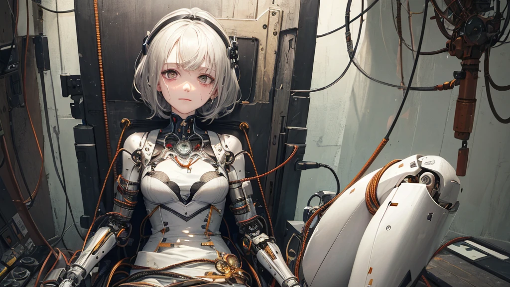 masterpiece, best quality, 1girl, mechanical, machine, mechanical arms, tubes, sitting, wire, cable, yellow eyes, white hair, robot joints,
