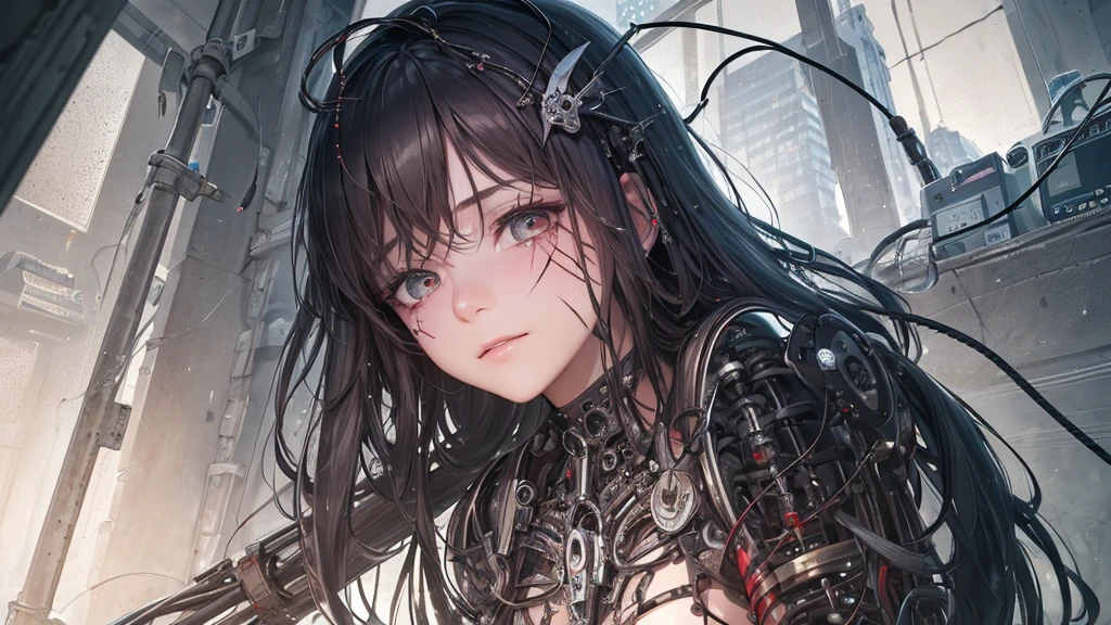 (((masterpiece))), (((Highest quality))), ((Very detailed)), (Highly detailed CG illustrations), ((Very delicate and beautiful)),Cinema Lighting,((1. Mechanical Girl)),alone,whole body,(Machine made joints:1.0),((Mechanical Limbs)),(Pieces of childhood toys decorate the body),((機械式结构遍布whole body)),(Sitting),poker face,(Wires attached to neck:1.0),(Wires and cables on the head:1.5)(Character Focus),sf,Very detailed,Rich and colorful,Most detailed，Scars above the eyes, Wounds on the cheeks, eyes covered, Mask on head, Hollow Eyes, sad, A light smile, Are crying, pain, Pale complexion, Unconscious, Expressionless, Shaded, Expressionless eyes, tired, Bad mood, Lost in Thought, sad smile, abstraction, Depth of written boundary, close, Ultra-high resolution, masterpiece, Highest quality, 8K